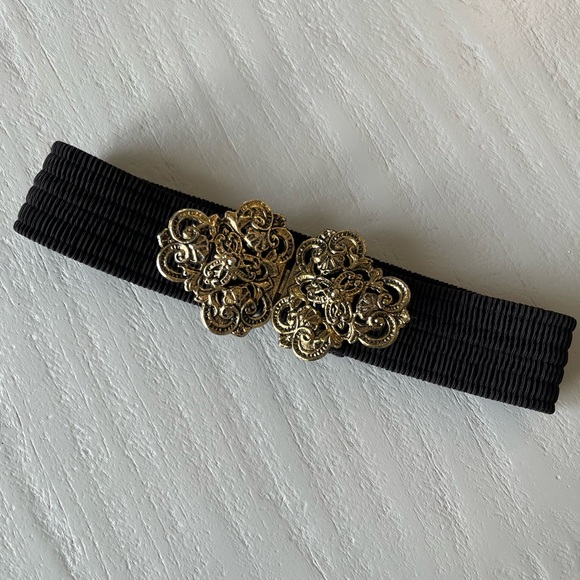 Vintage Accessories - Vintage 80s Black Elastic Cinch Belt with Gold Ornate Buckle